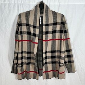 Leo Nicole Cardigan Sweater Women S Plaid Open Front Beige Black Red Cozy Pocket